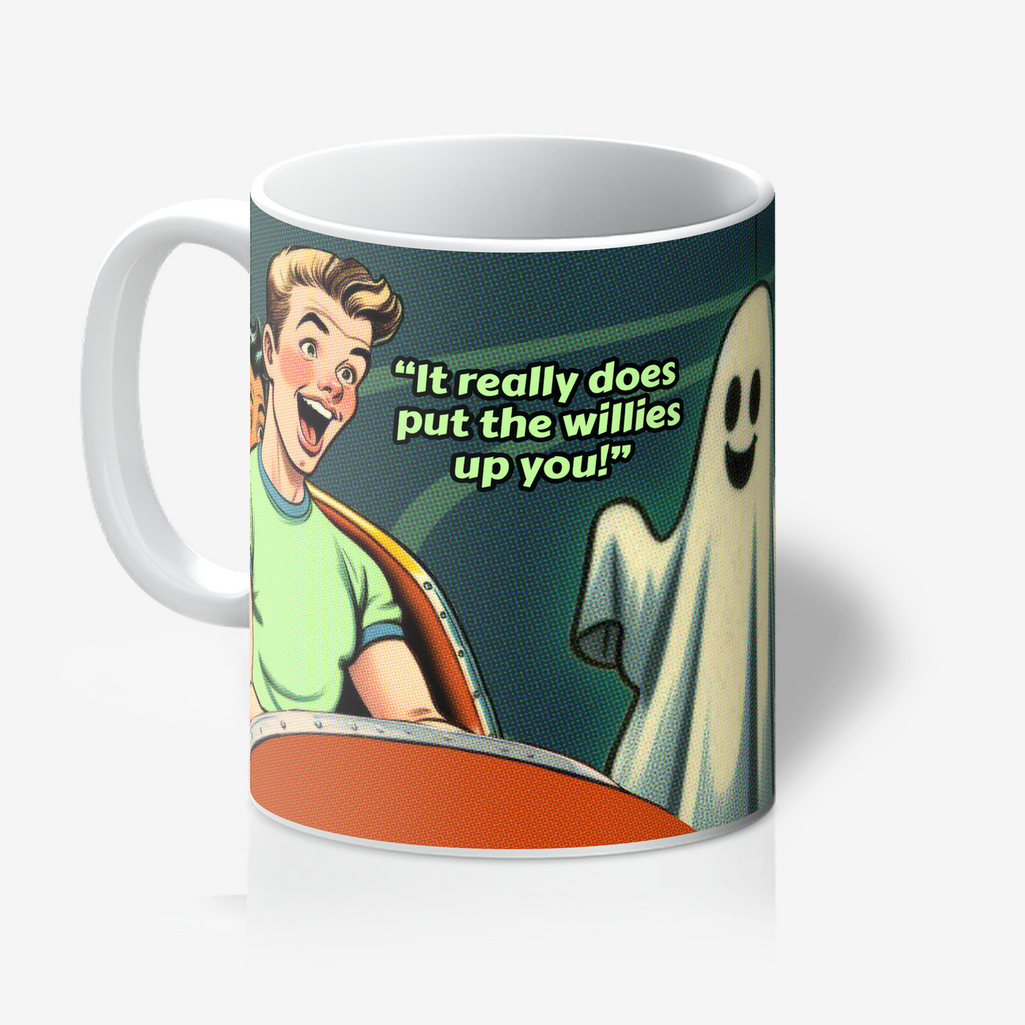 Funny gay ceramic mug inspired by saucy seaside postcard cartoon humour: Willies