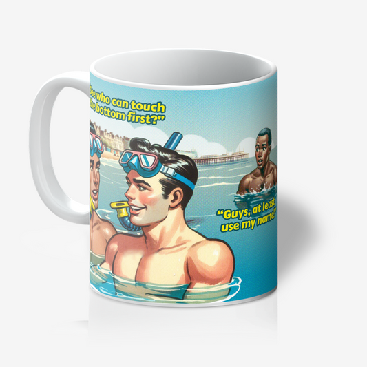 Funny gay ceramic mug inspired by saucy seaside postcard cartoon humour: Touch The Bottom