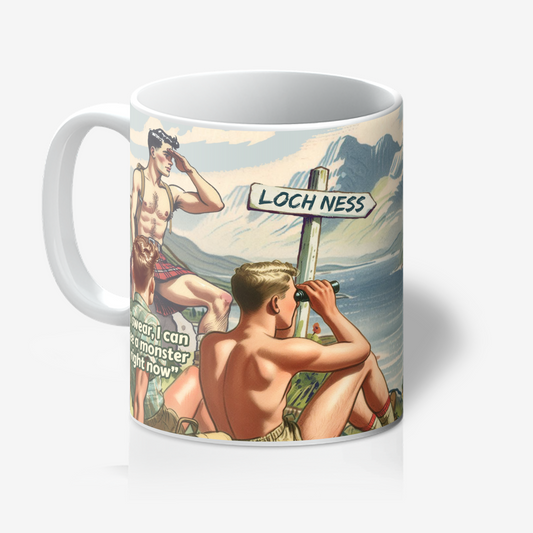 Funny gay ceramic mug inspired by saucy seaside postcard cartoon humour: Monster