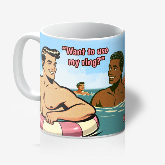 Funny gay ceramic mug inspired by saucy seaside postcard cartoon humour: Use My Ring