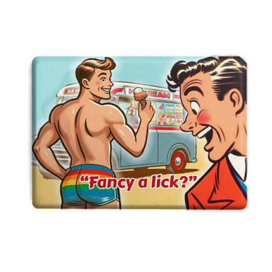 Gay retro fridge magnet: Fancy A Lick?